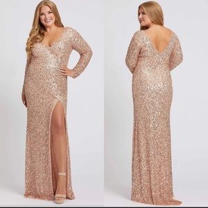 MAC DUGGAL Long Sleeve Deep V Rose Gold Pink Sequin Gown Formal Dress